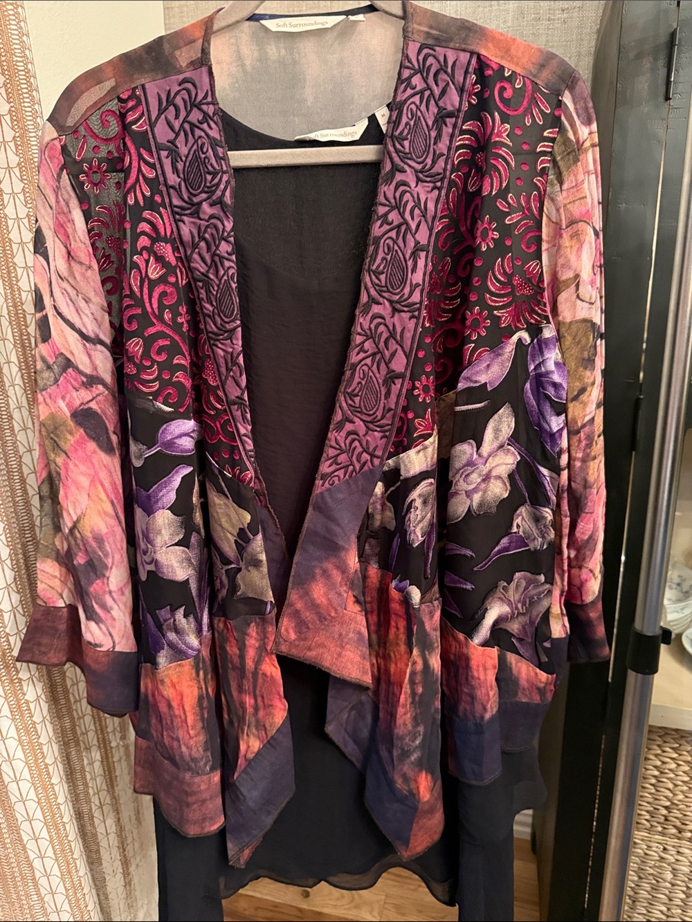 Floral Patchwork Open-Front Women's Sweater - Purple/Magenta